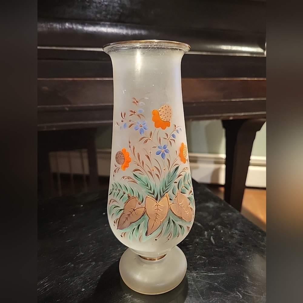Victorian Bristol Glass Vase Orange Daisies Blue Flowers Opaline 8.5"